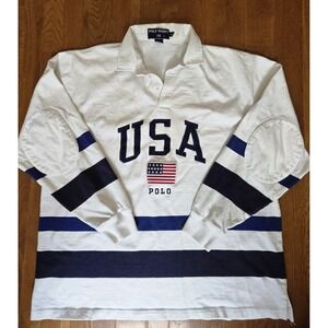 VTG 90s Polo Sport Ralph Lauren USA Rugby Shirt XL American Flag Elbow Patches